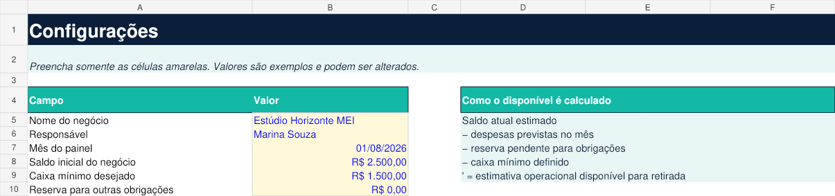 Aba Configurações com caixa mínimo e saldo inicial em células de preenchimento.